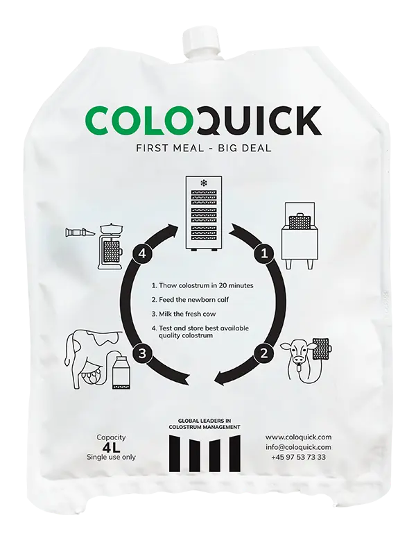 ColoQuick 4L Kolostrumbeutel mit einem 4-Schritte-Diagramm zum Auftauen, Füttern, Melken und Testen von Kolostrum