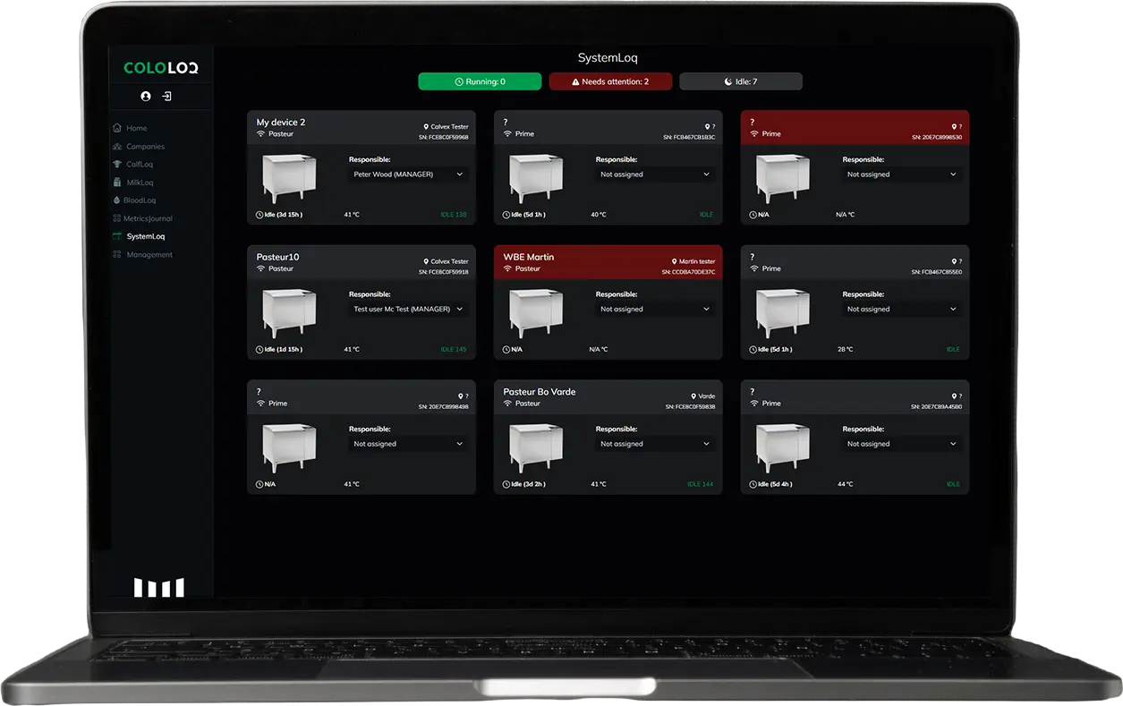 Laptop displaying the SystemLoq software dashboard with device status cards and monitoring alerts